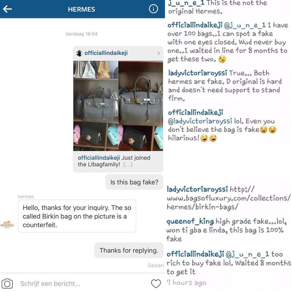 Purported DM from Hermes confirming the bags were fake.