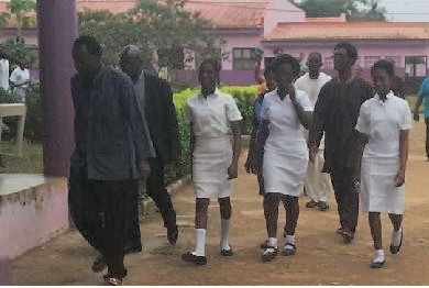Abducted students returning to school in uniform yesterday. 