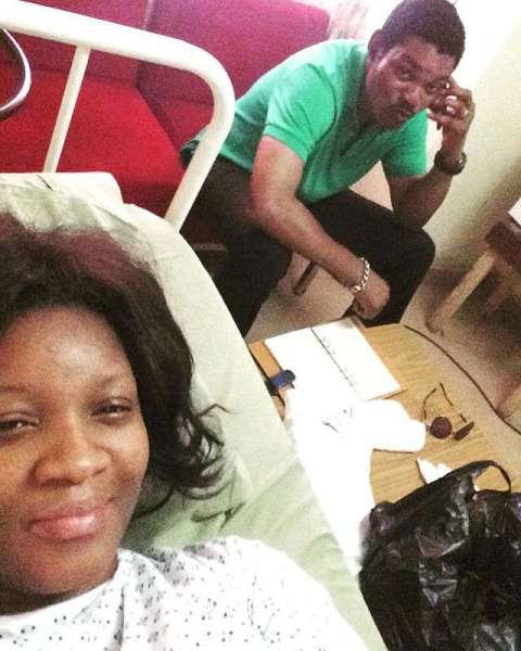 Omotola Jalade-Ekeinde and husband at the hospital (Instagram)
