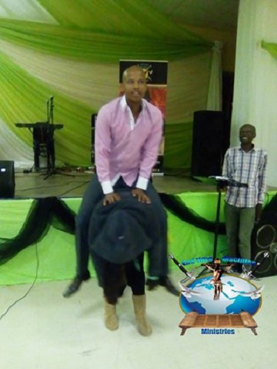 The controversial pastor is caught here riding on a female member after turning her into a horse 