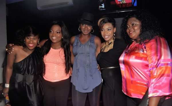 Uche Jombo, Kate Henshaw, Kaffy and Eniola Badmus at Funke’s birthday party in 2014.