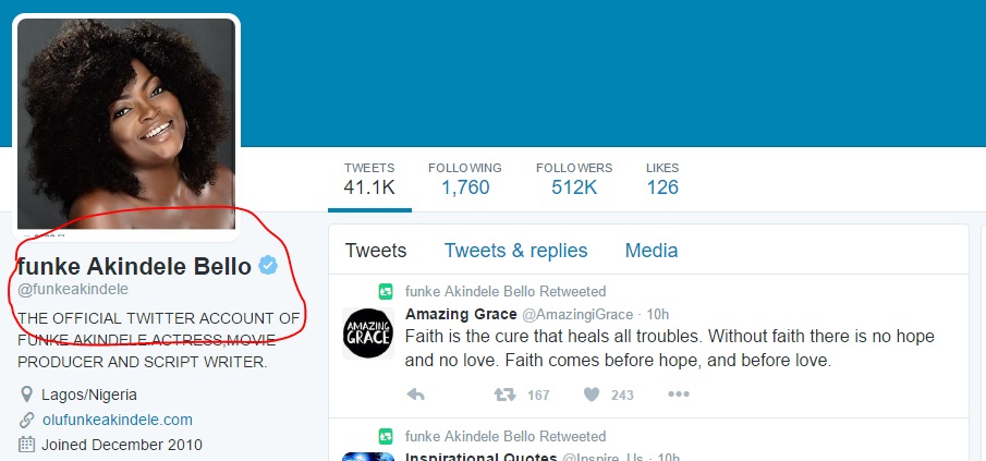 Screenshot of Funke Akindele's Twitter Page showing she's added JJC's Surname