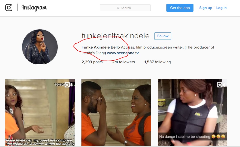 Screenshot of Funke Akindele's Instagram Page showing she's added JJC's Surname