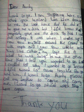 copy of letter she pen down before running from the house