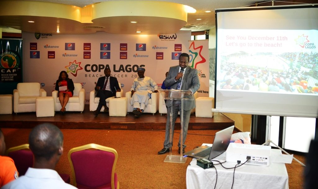 From left: Group Head, Corporate Affairs of First City Monument Bank (FCMB) Limited, Mr. Diran Olojo, speaking during the during press briefing on the 2016 CAF Beach Soccer competition  and COPA Lagos Beach Soccer Tournament.