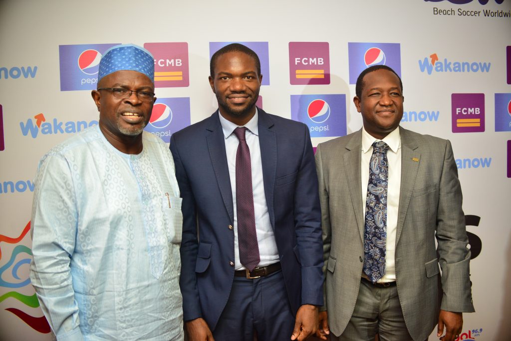 From left: Member, Local Organising Committee of CAF Beach Soccer competition, Mr. Sunny Moniedafe; Chief Executive Officer of Kinetic Sports Limited, Mr. Samson Adamu and Group Head, Corporate Affairs of First City Monument Bank (FCMB) Limited, Mr. Diran Olojo, during press briefing on the 2016 CAF Beach Soccer competition  and COPA Lagos Beach Soccer Tournament. The briefing took place on November 10, 2016 in Lagos.