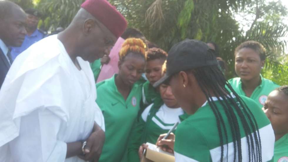 Buhari's Chief of Staff Abba Kyari met with the Super Falcons players and promised that they will be paid in two days (Twitter/Aderonke Bello )