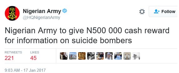 Nigerian army cash reward