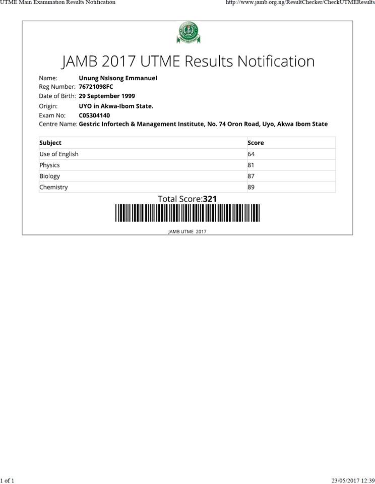 Highest JAMB scores 2017