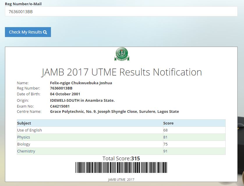 Highest JAMB scores 2017