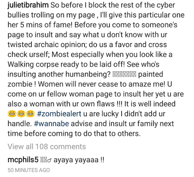 juliet ibrahim slams cyber bully