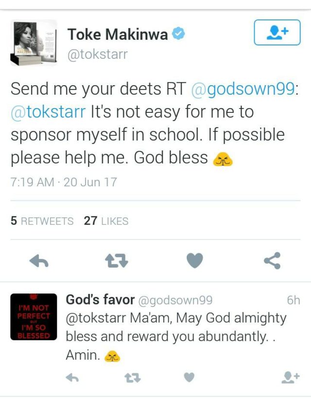 toke makinwa helps follower