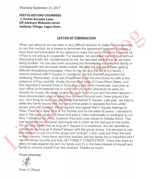 termination letter Peter Okoye sent