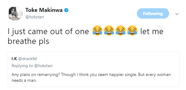 toke makinwa replies twitter user