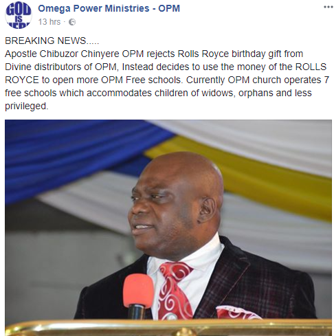 Pastor rejects Rolls Royce birthday present