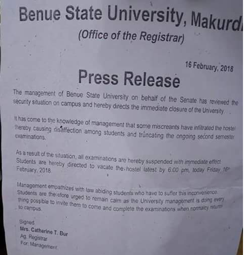 Benue State University shut down
