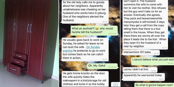 Married man dies in the cupboard of his mistress after her husband comes home unexpectedly.