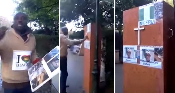 IPOB Man Who Claims His Brother Was Shot In Aba Places Coffin For PMB At Nigerian Embassy In Belgium. (VIDEO)