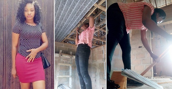 Nigerian lady fixes PVC ceiling