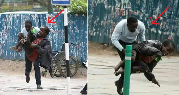 Checkout These Heartwarming Photos Of A Kenyan Journalist Who Risked His Life To Save A Disabled Beggar From A Swarm Of Bees.