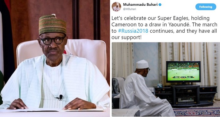 Nigerians React To Photo Of PMB Watching Super Eagles Match Against Cameroon.