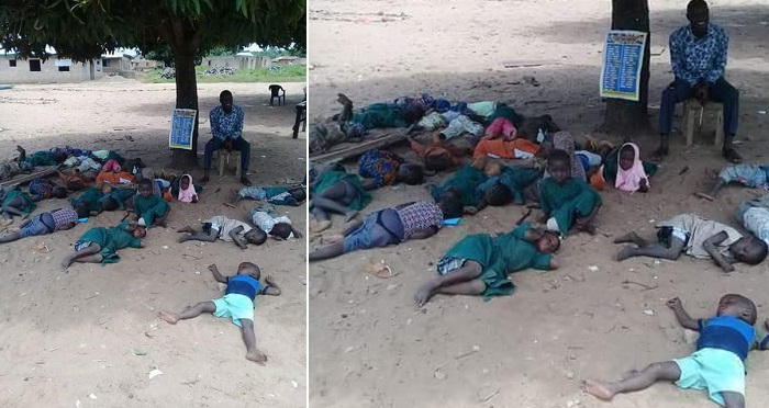 See Photo Of An ‘Under The Tree’ Primary School In Kwara State With Pupils Sleeping On The Ground.