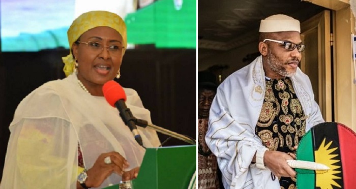 First Lady, Aisha Buhari Shades Nnamdi Kanu; Says President Buhari’s Absence Emboldened Him To Create A State Out Of Abia State.