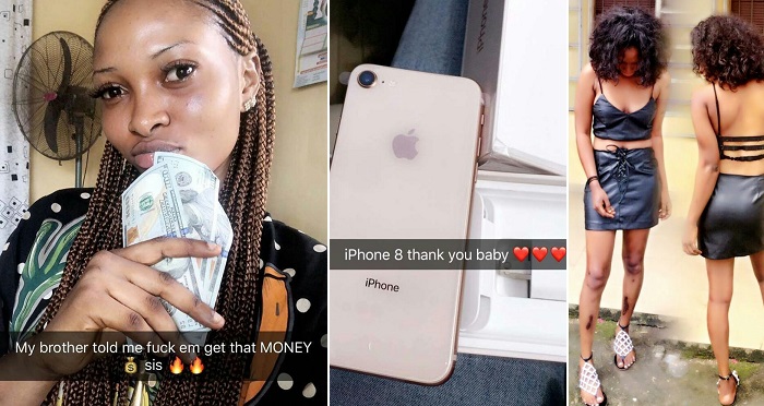 “My Brother Told Me To F*ck Them And Get That Money” – Nigerian Lady Flaunts Dollars And iPhone 8.