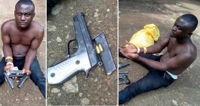 Man Nabbed At Obudu Motor Park With Pistols And Magazines Buried In A Bag Of Garri (Photos)