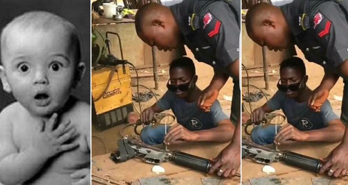 Checkout This Viral Photo Of A Nigerian Policeman Fixing His Gun At A Roadside Welder’s Shop.