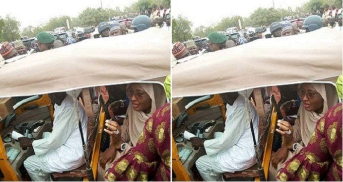 Aisha Buhari Spotted Inside Tricycle