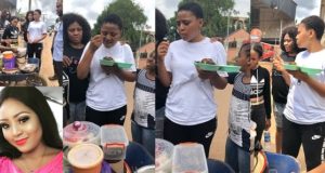 Regina Daniels pictured eating Abacha