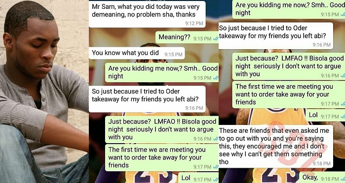 Nigerian man walks out on his date who ordered takeaway of N7,000 for her friends