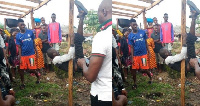 Middle-aged man tied to a stake gets beating of his life by angry youths for raping 7-year-old girl in Warri