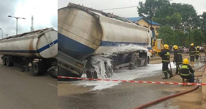 Tragedy averted as tanker filled with Diesel almost falls off in Lagos. (Photos)