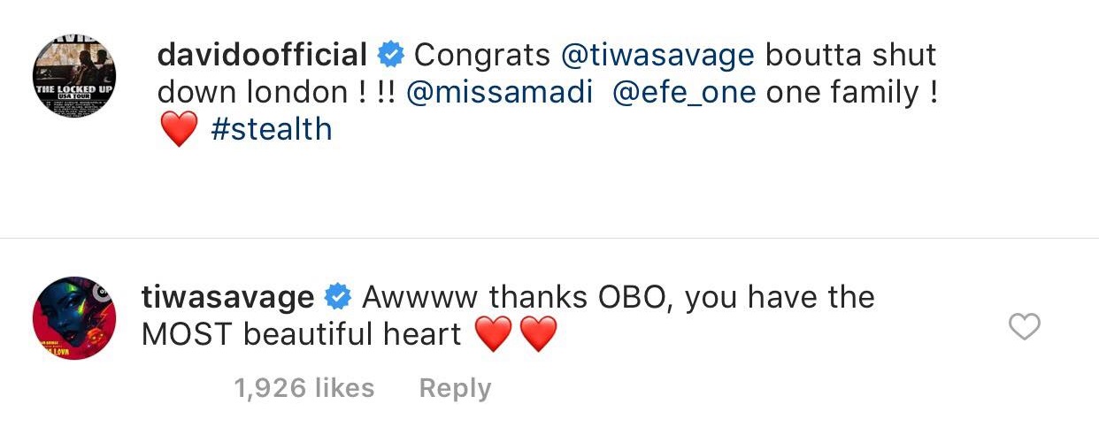 Davido congratulates Tiwa Savage