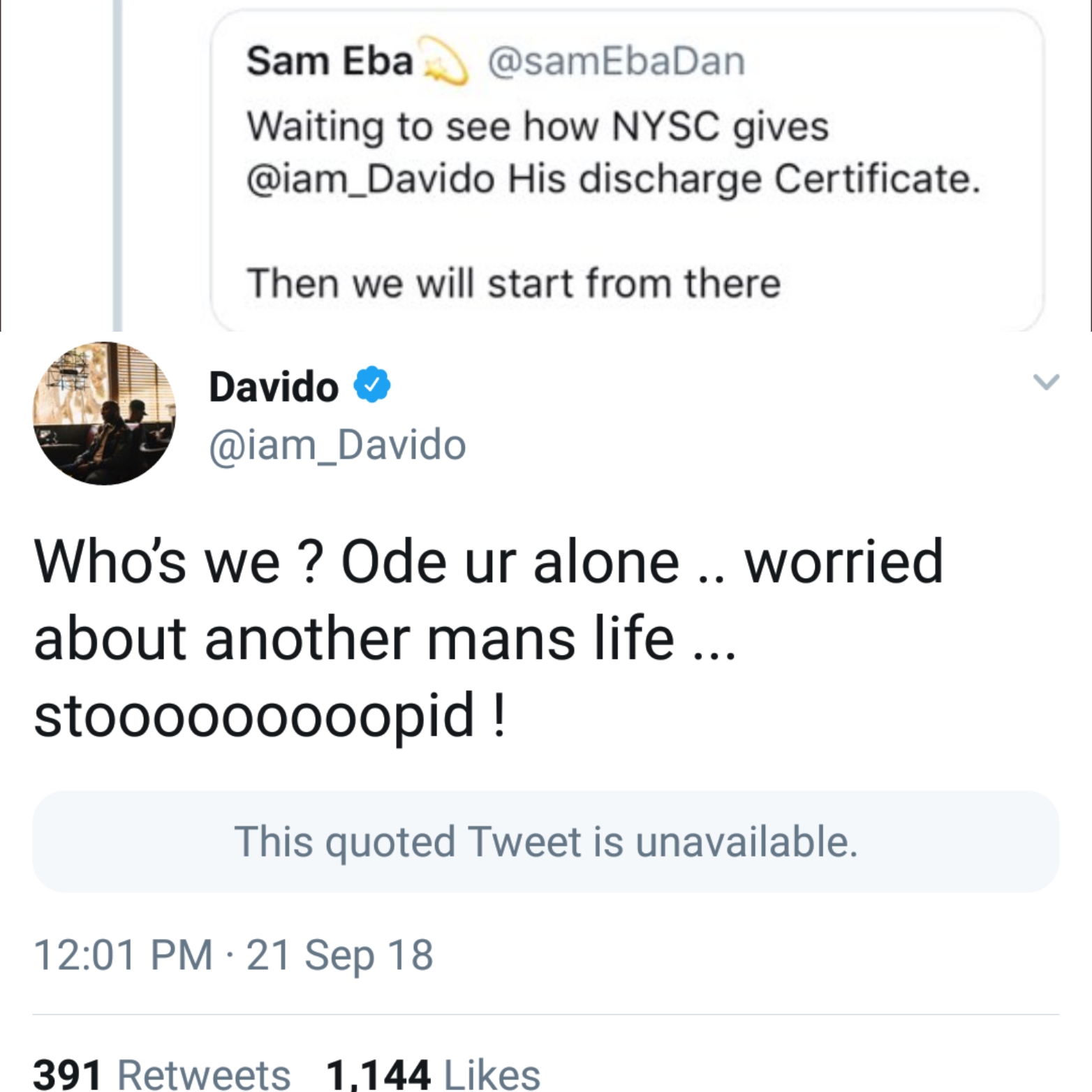 Davido slams Twitter user