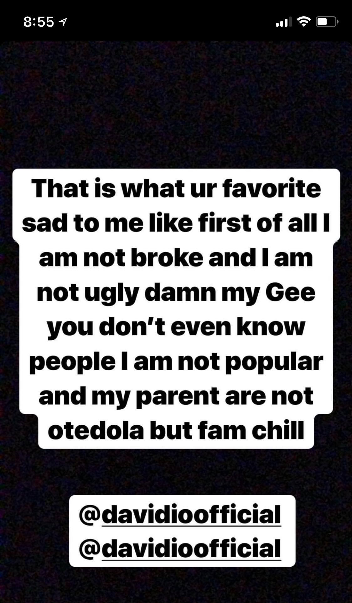 Davido blasts 17 year old girl