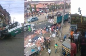 Driver killed as truck conveying tomatoes falls on bus in Lagos (Photos)