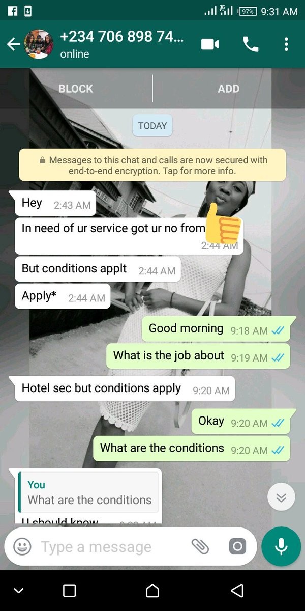 Nigerian Lady shares screenshot of Whatsapp chat she had with a man who