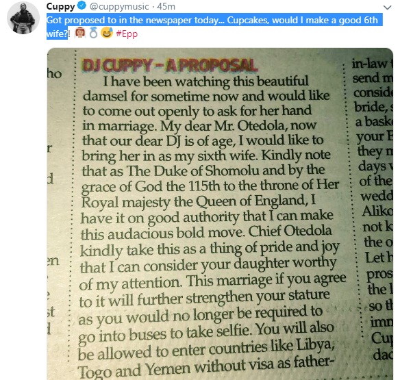DJ Cuppy gets marriage proposal