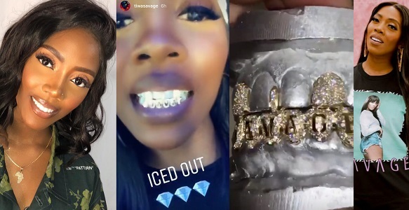 Tiwa Savage flaunts diamond grills