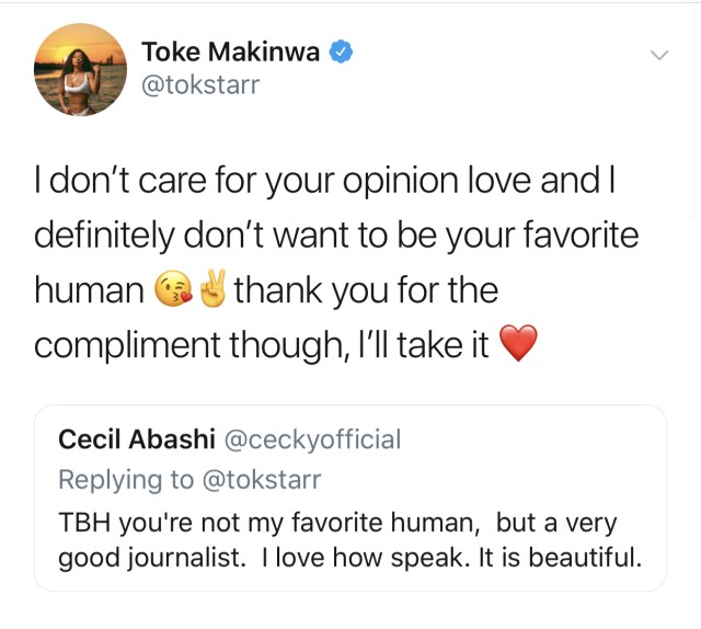 Toke Makinwa replies follower's