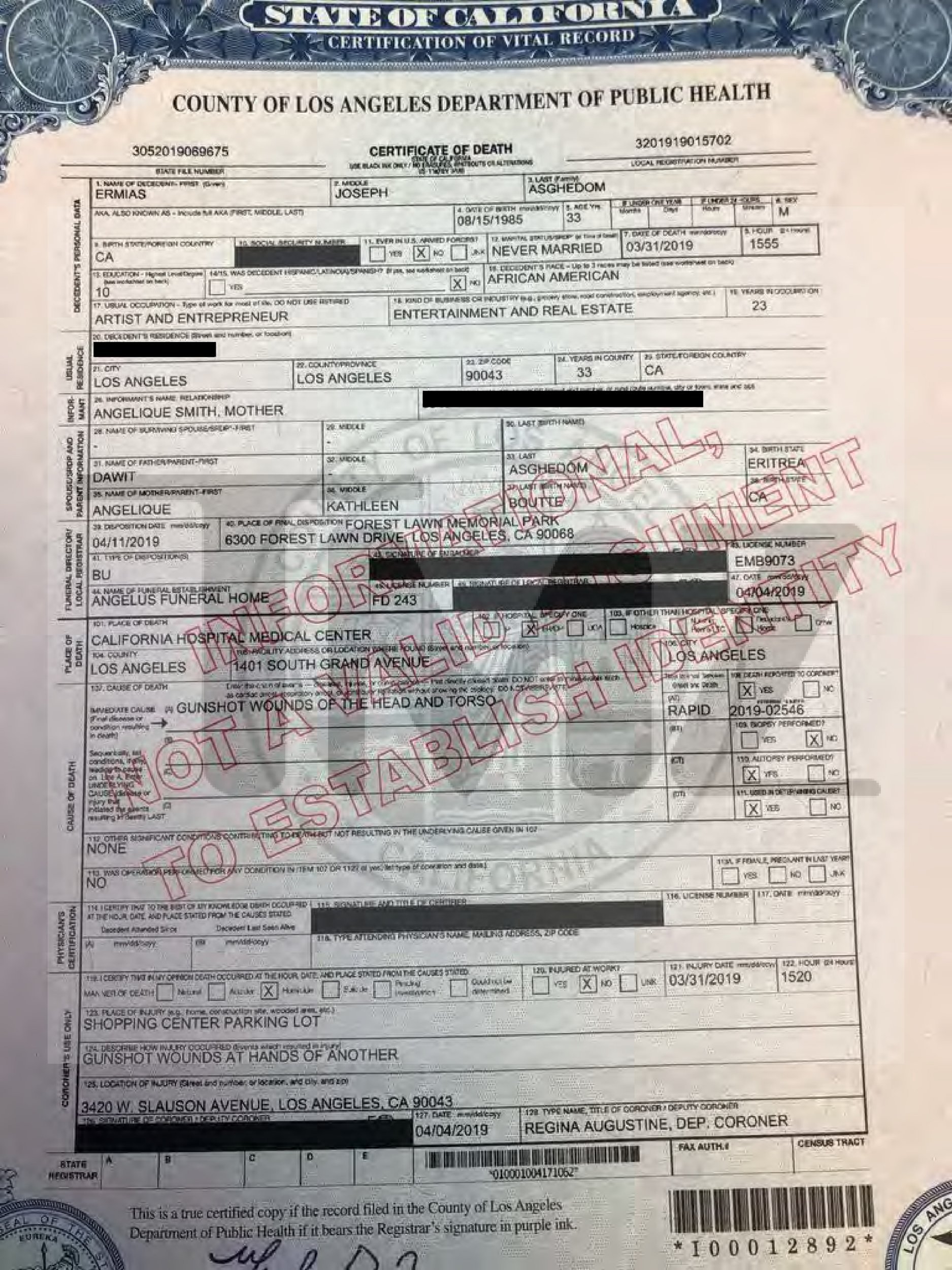 Nipsey Hussle death certificate