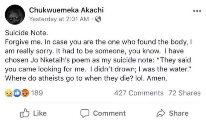 Chukwuemeka Akachi commits suicide