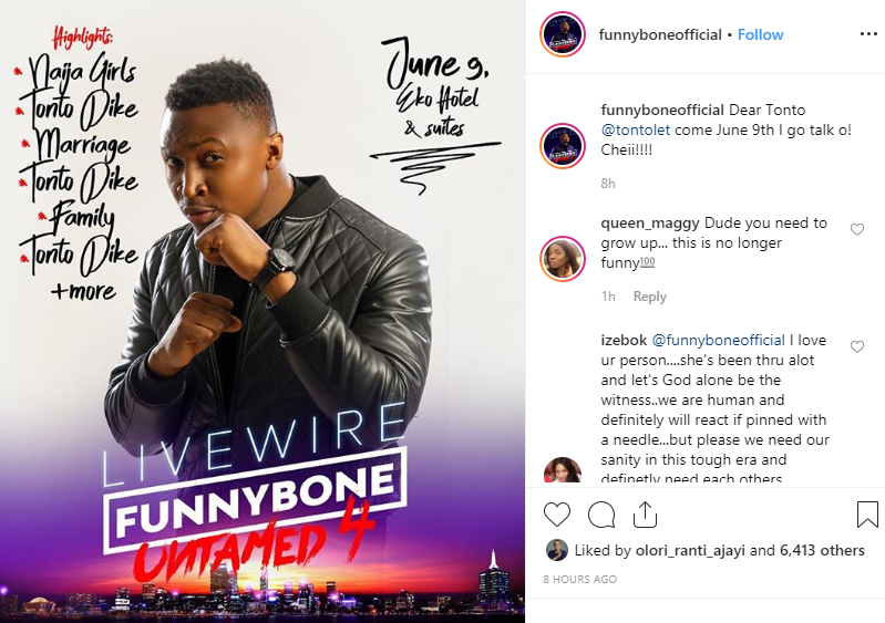 Tonto Dikeh threatens Funny Bone with prison