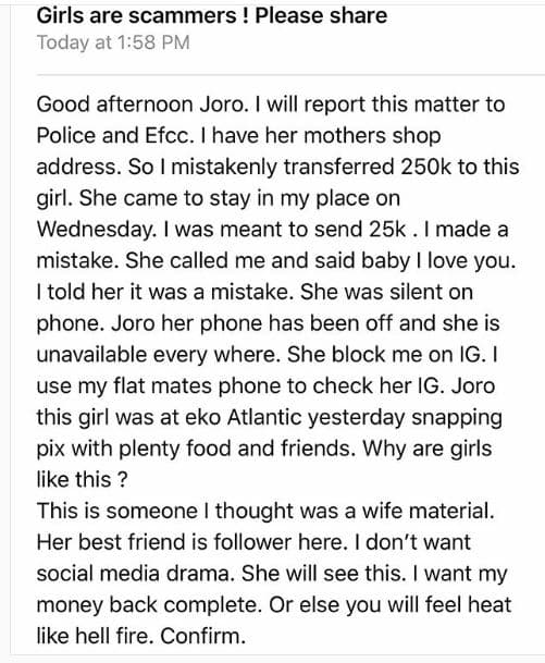 mistakenly transferred 250k