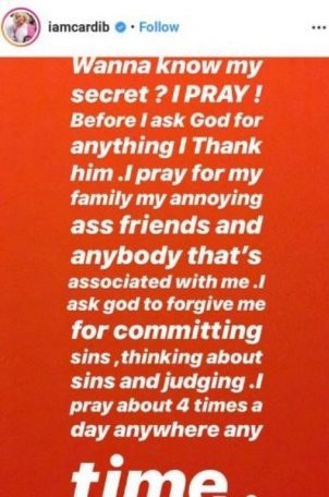 Cardi B says praying