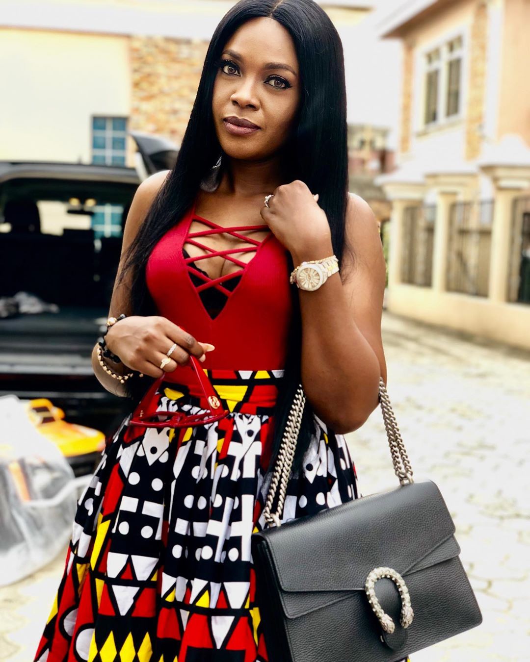 Omoni Oboli stands with Busola Dakolo