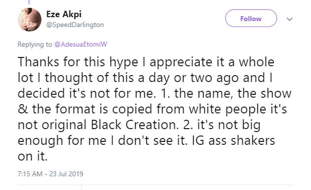 Speed Darlington replies Adesua Etomi